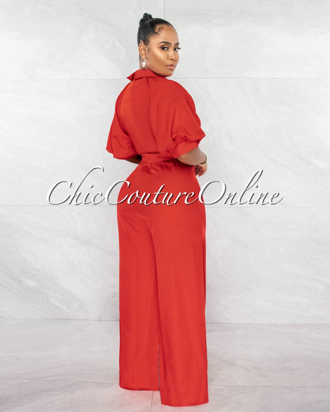 *Garcia Red Bubble Sleeves Gold Buckle Belt Silky Jumpsuit