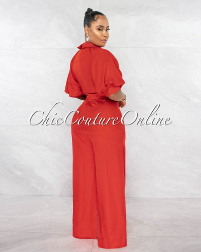 *Garcia Red Bubble Sleeves Gold Buckle Belt Silky Jumpsuit