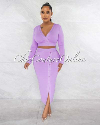 Jalina Lavender Crop Top & Side Buttons Midi Skirt Bandage Set