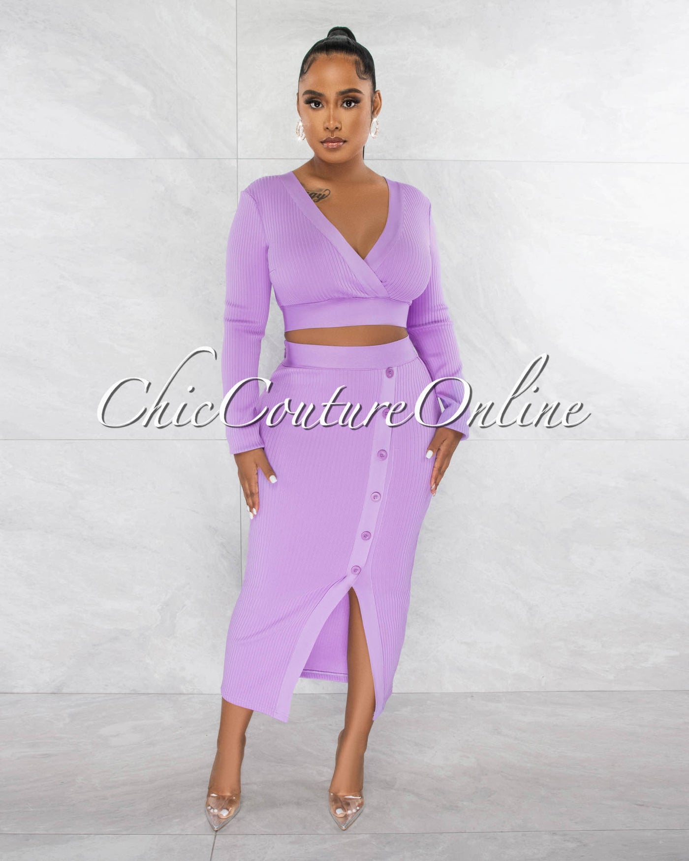 Jalina Lavender Crop Top & Side Buttons Midi Skirt Bandage Set