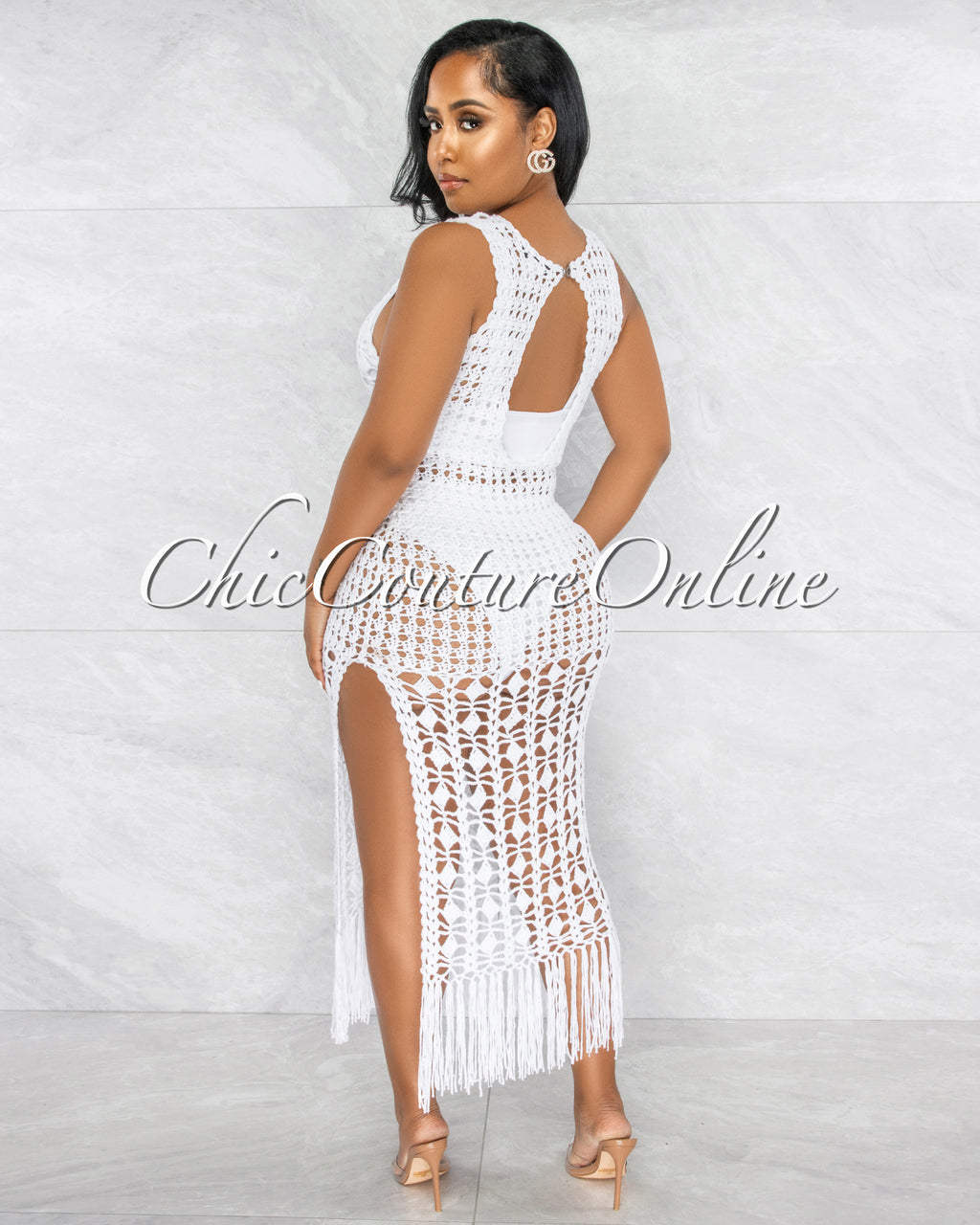 Millan Off-White Crochet Cover-Up Midi Dress