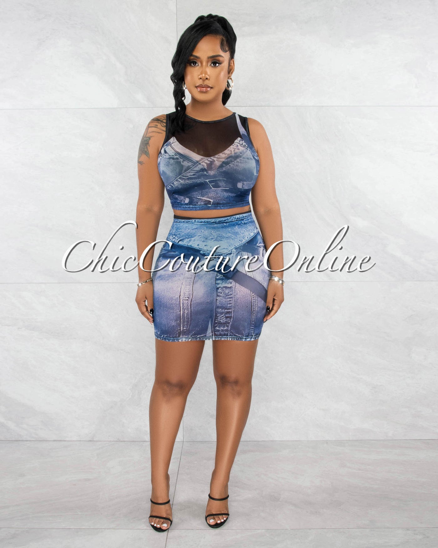 Brandie Denim Patch Print Top & Mini Skirt Mesh Set