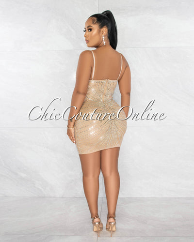 *Jennika Nude Mesh Sheer Rhinestones Mini Dress