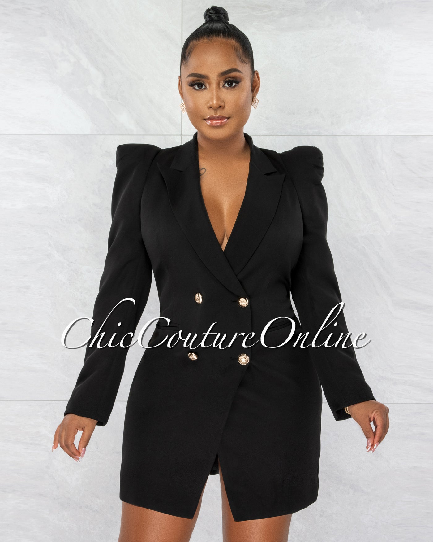 Monica Black Bubble Sleeves Gold Buttons Trench Dress