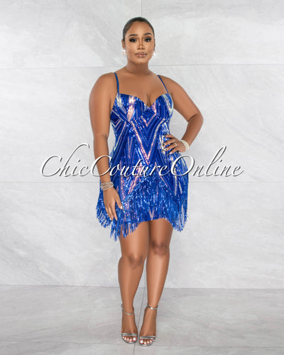 Cira Royal Blue Iridescent Sequins Fringe Mini Dress