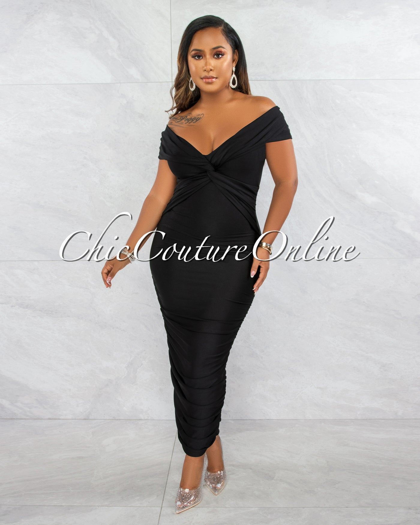 Pippa Black Crossed Bust Ruched Midi Dress