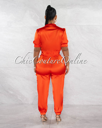 *Badia Orange Crop Top & Jogger Pants Silky Set