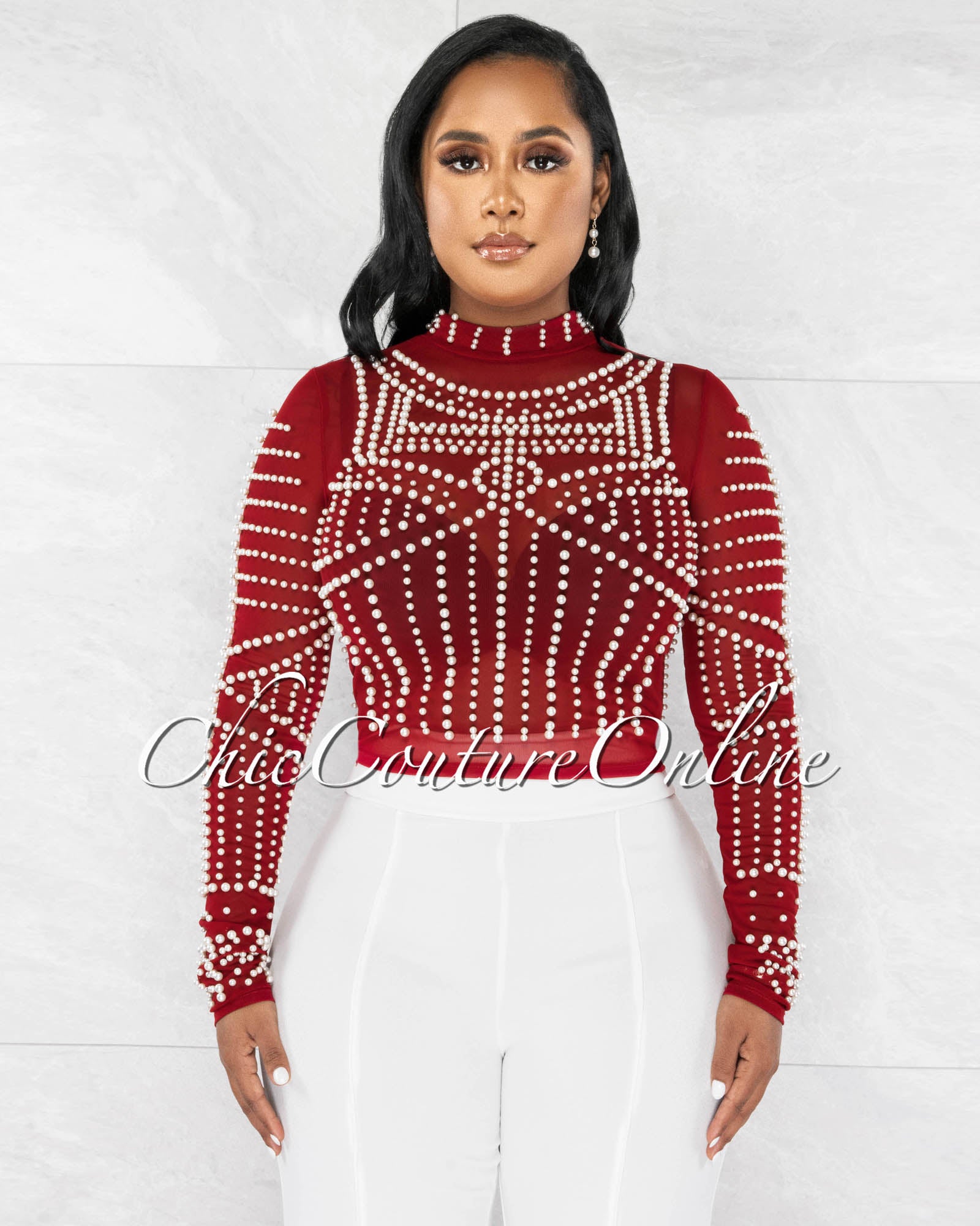 Shakk Mesh Pearl Decor Luxe Sheer Crop Top