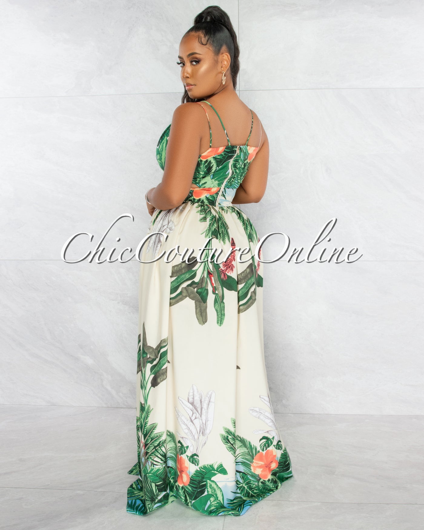 Barret Ivory Green Leaf Print Cut-Out Maxi Dress