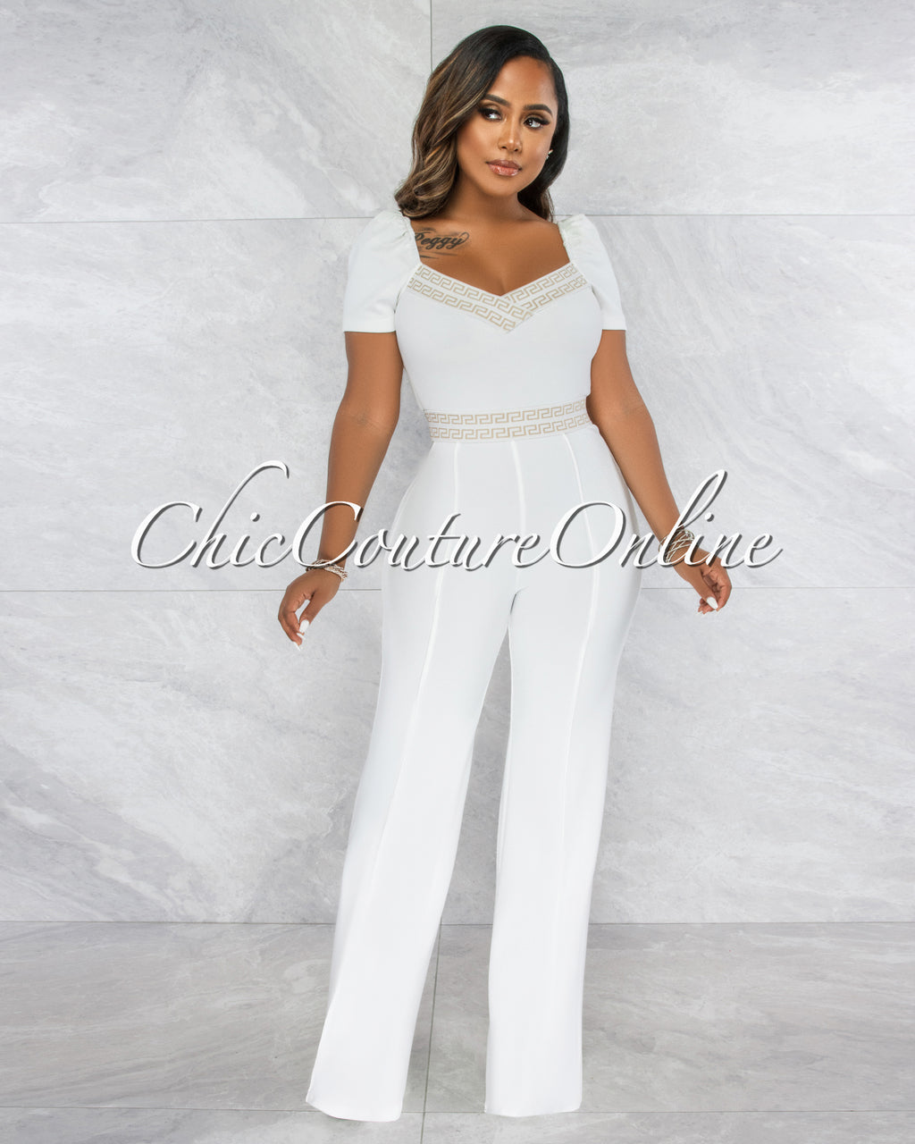 Andres Off-White Nude Fret Print Bubble Sleeves Jumpsuit