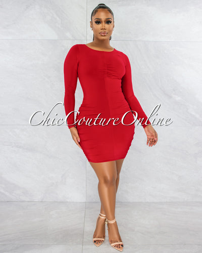 *Darlene Red Drape Long Sleeves Double Lined Dress