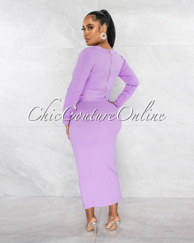 Jalina Lavender Crop Top & Side Buttons Midi Skirt Bandage Set