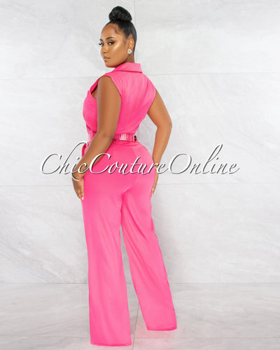*Jared Hot Pink Croc Gold Link Belt Luxe Jumpsuit