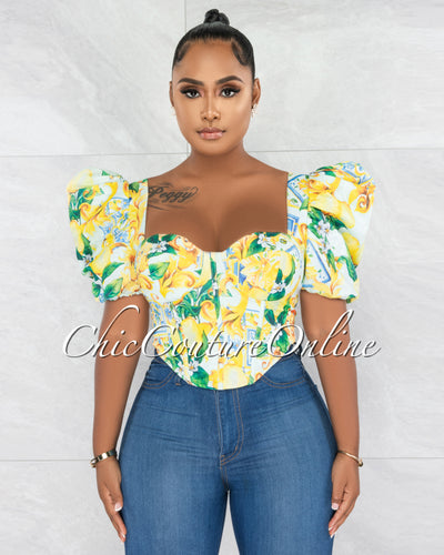 *Paine Yellow Green Print Corset Style Crop Top
