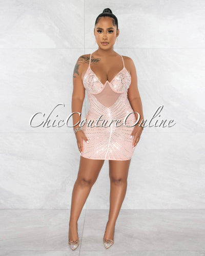 Jennika Light Pink Mesh Sheer Rhinestones Mini Dress
