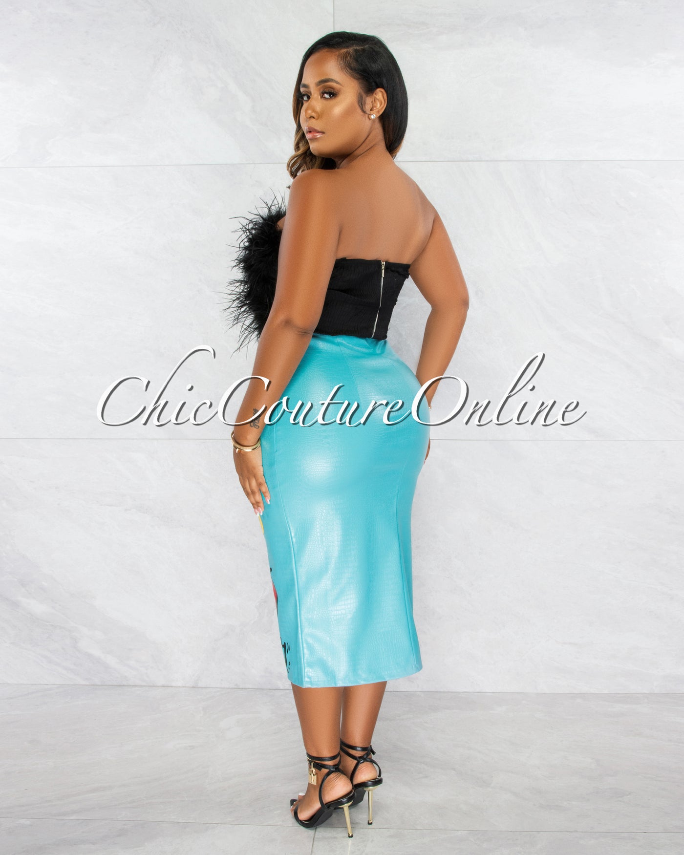 Delilah Baby Blue Graphic Faux Leather Midi Skirt