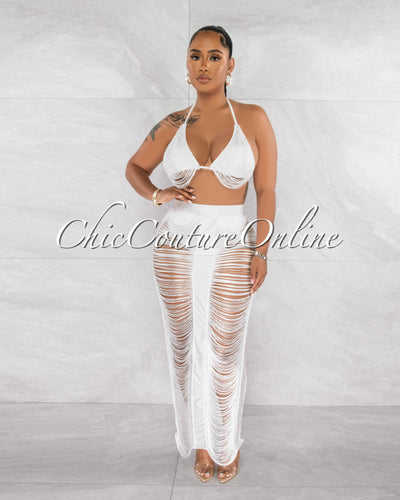 Ivania Off-White Fringe Cover-Up Maxi Skirt Set