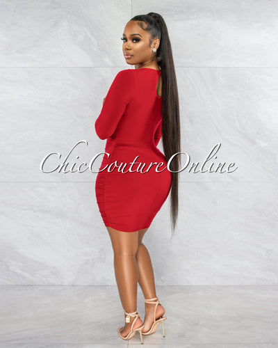 *Darlene Red Drape Long Sleeves Double Lined Dress