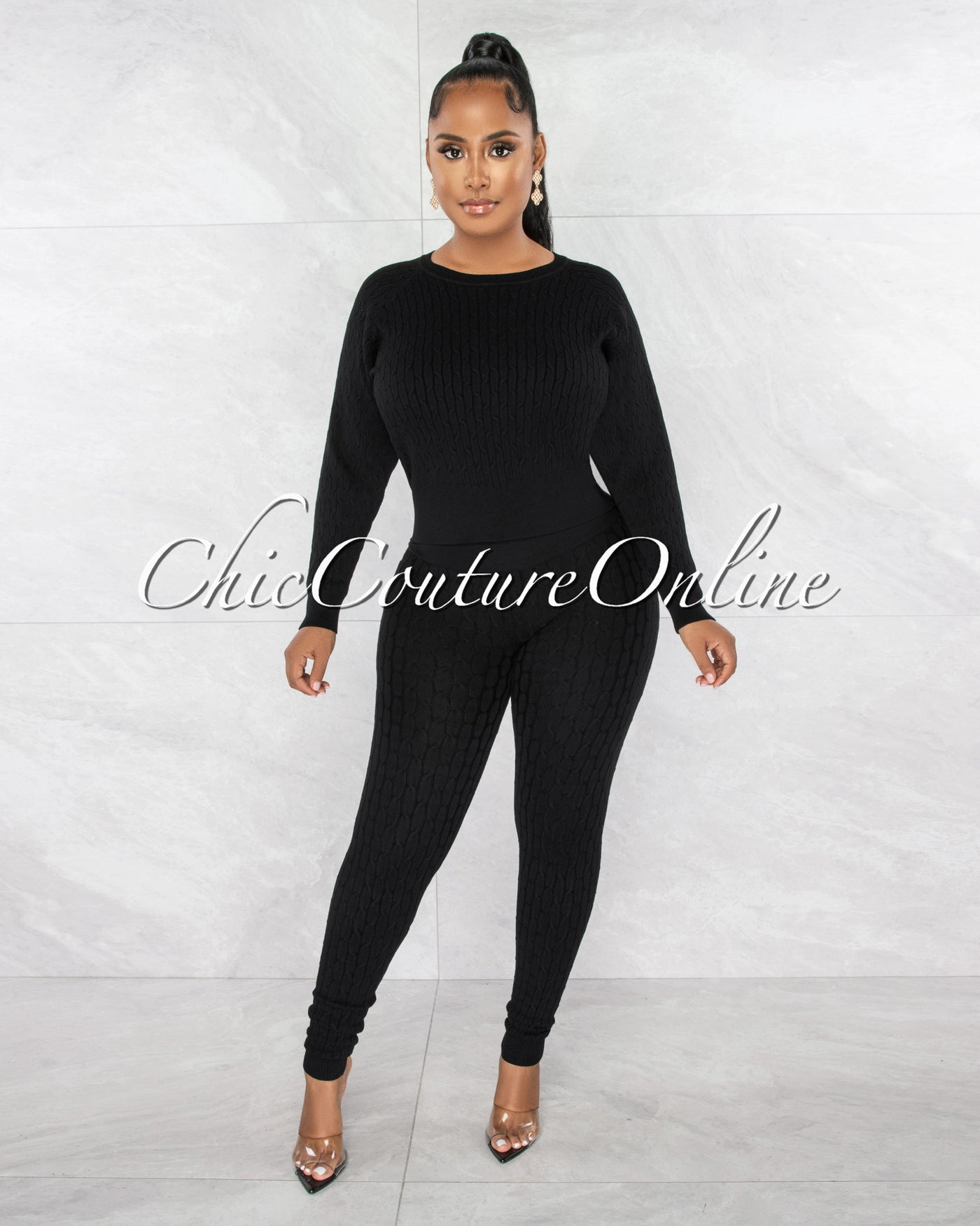Palba Black Cable Knit Sweater Leggings Set