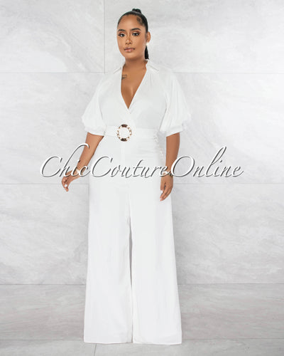 *Garcia Off-White Bubble Sleeves Gold Buckle Belt Silky Jumpsuit