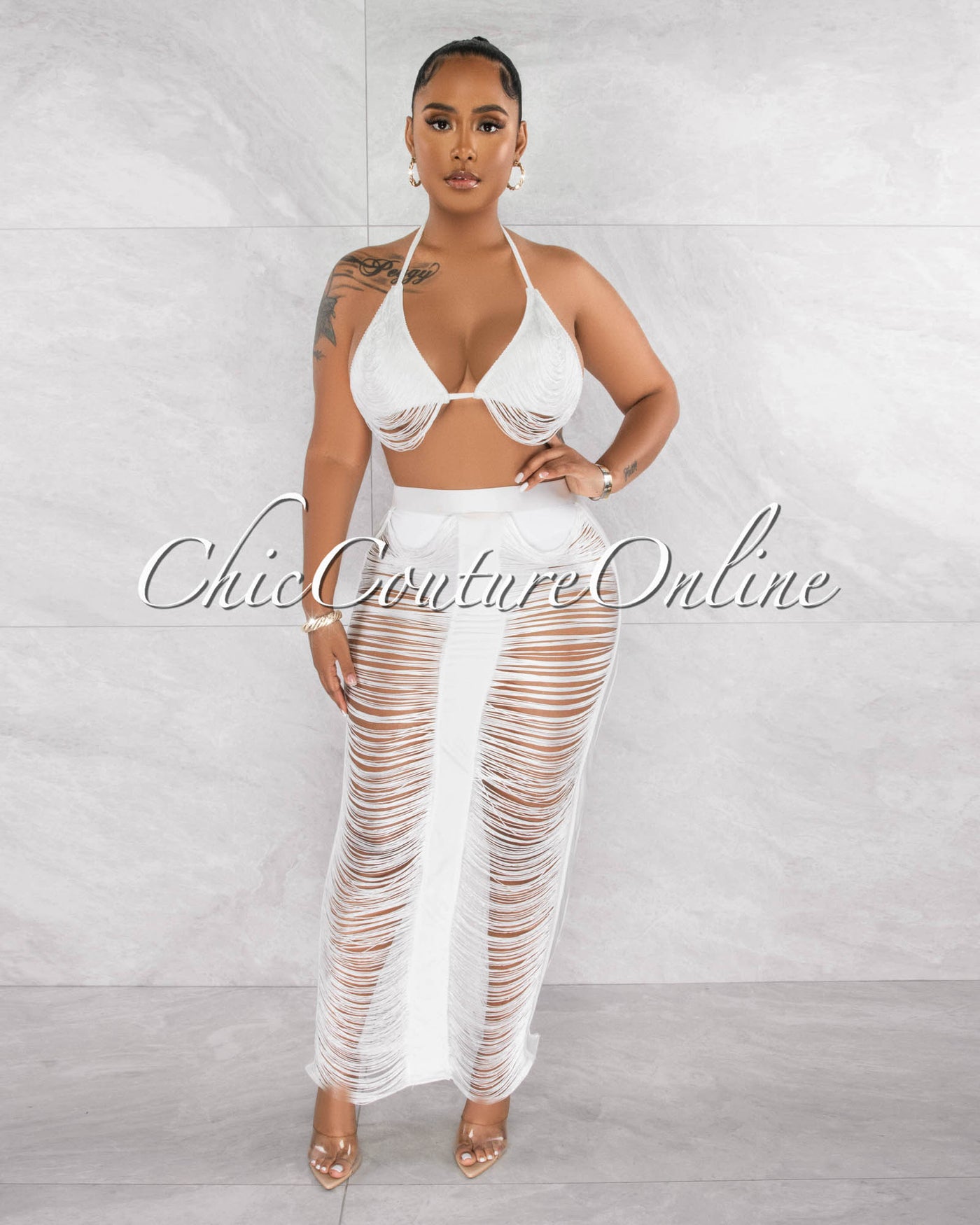 Ivania Off-White Fringe Cover-Up Maxi Skirt Set