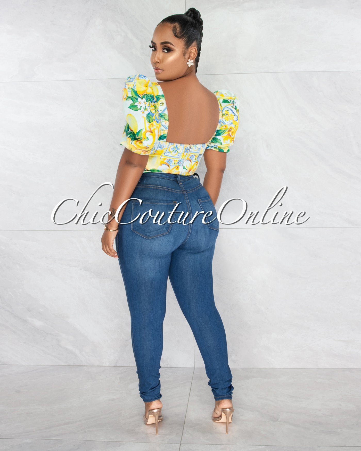 *Paine Yellow Green Print Corset Style Crop Top