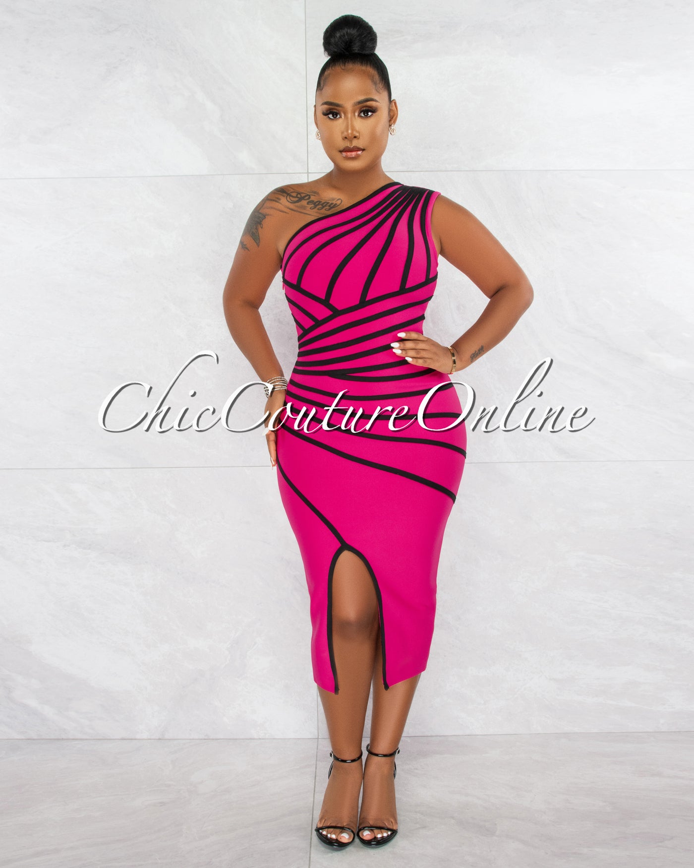 Morgany Fuchsia Black Stripes Bandage Midi Dress