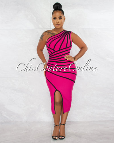 Morgany Fuchsia Black Stripes Bandage Midi Dress