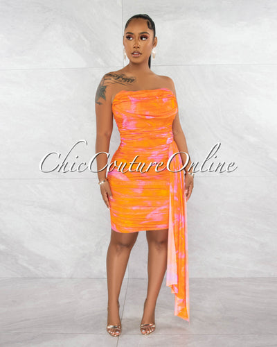 *Clayton Orange Print Strapless Mesh Ruched Train Dress