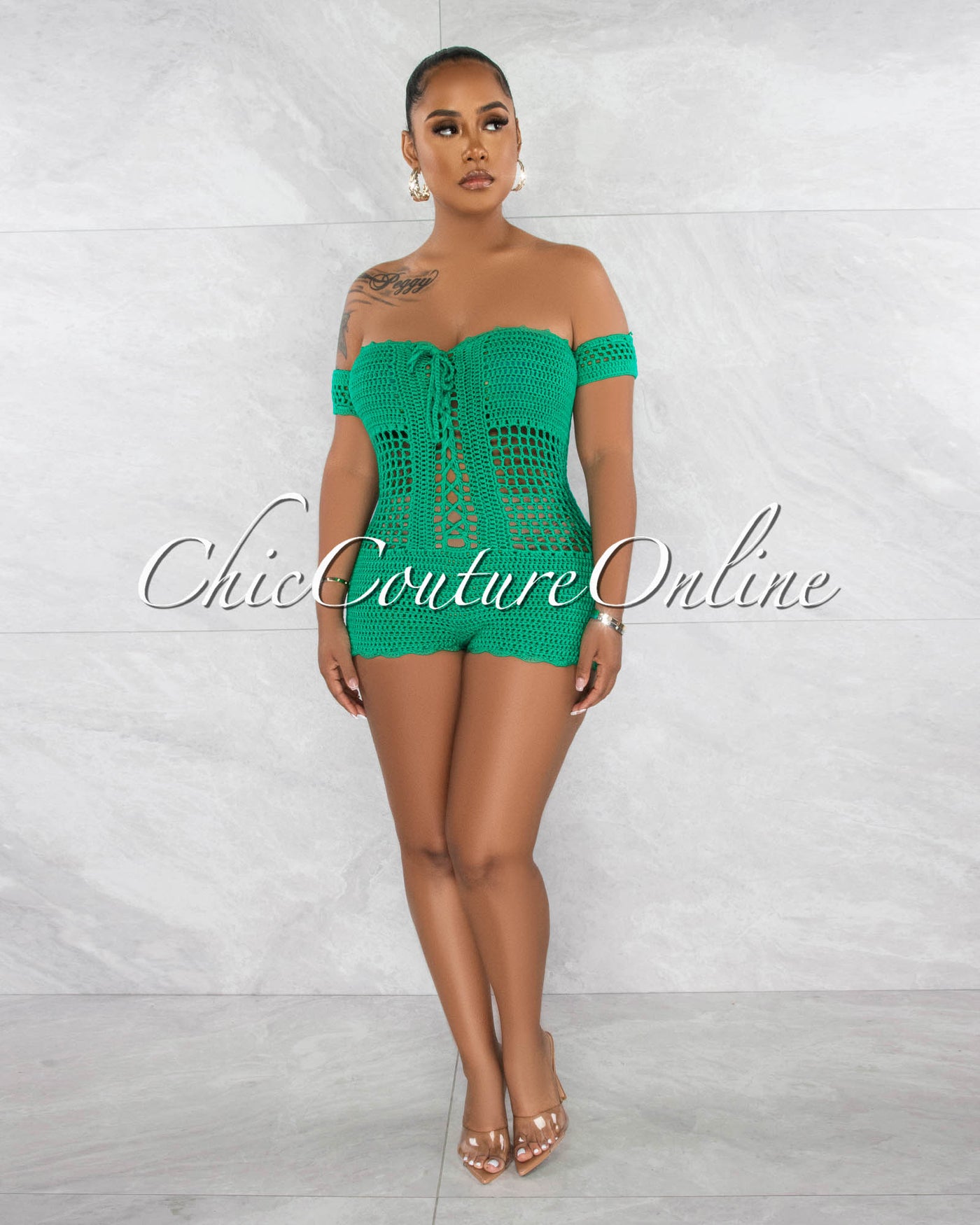 *Maddie Green See-Through Crochet Cover-Up Romper