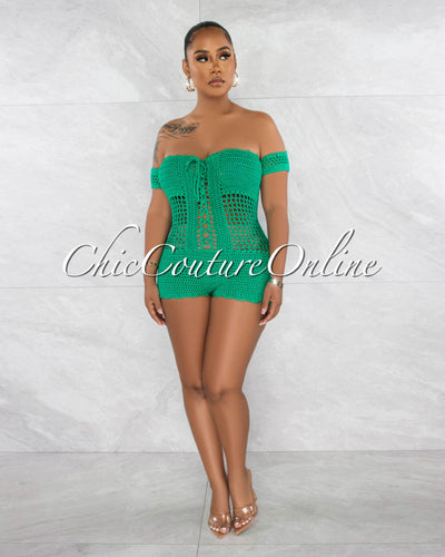 *Maddie Green See-Through Crochet Cover-Up Romper