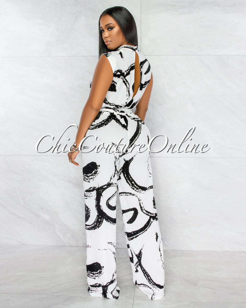Rigby Off-White Black Print Wide Legs Jumpsuit