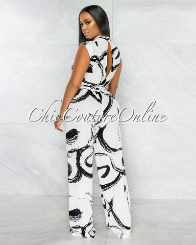 Rigby Off-White Black Print Wide Legs Jumpsuit