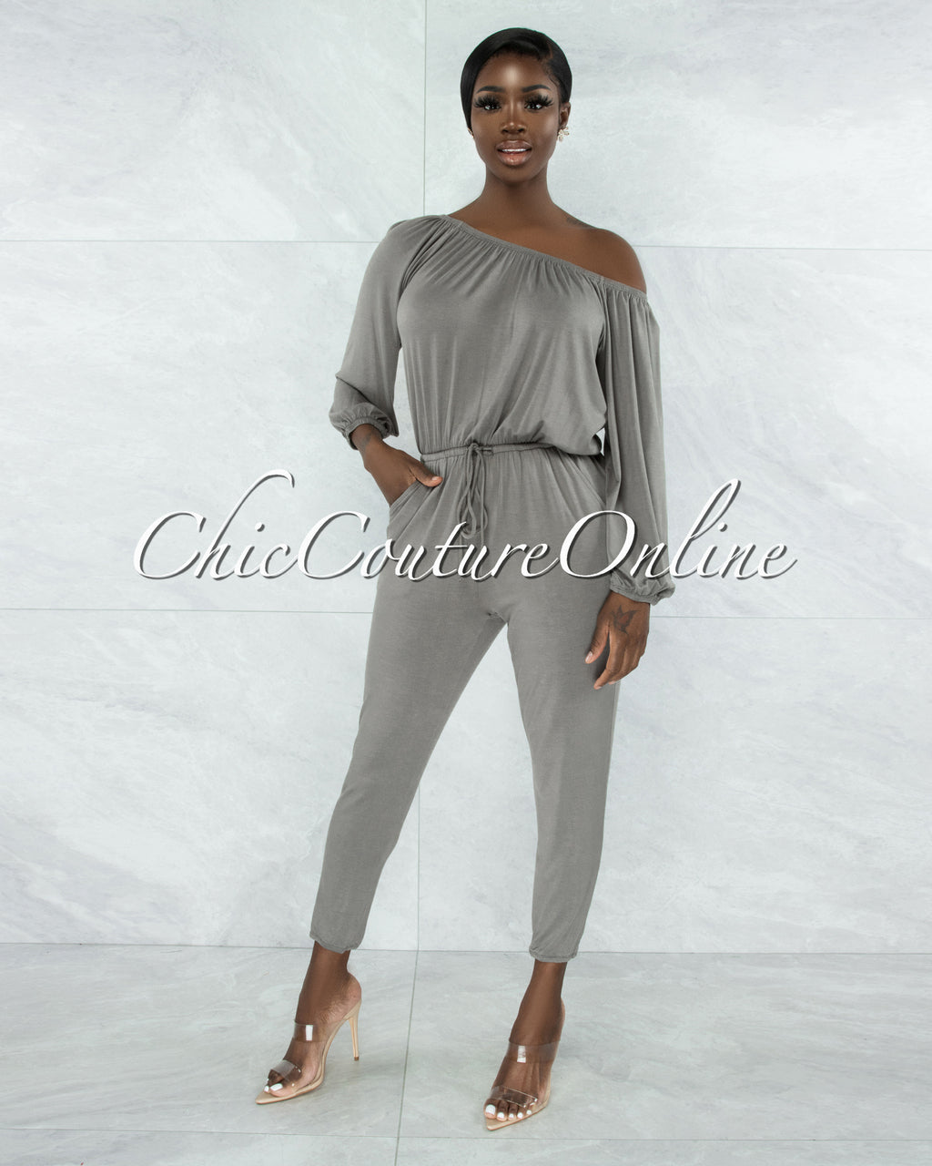 *Gibeah Army Green Off-The Shoulder Utility Jumpsuit
