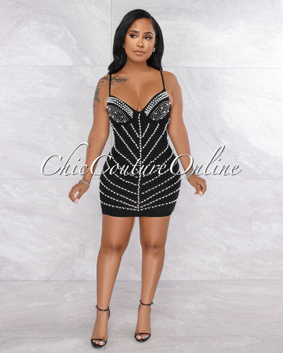 Stark Black Mesh Rhinestones & Pearls Mini Dress