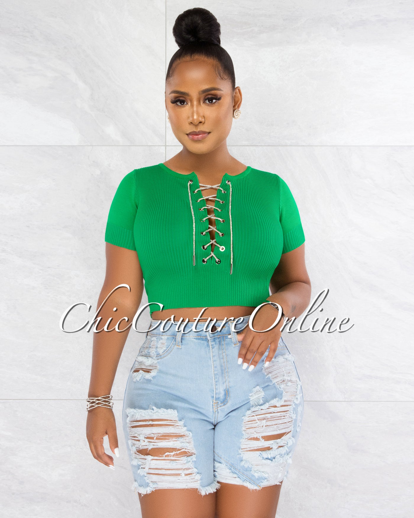 Malowa Green Rhinestones Lace-Up Ribbed Crop Top