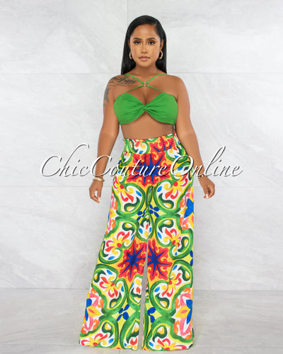 Alucia Green Silver "O" Ring Crop Top & Print Wide Pants Set