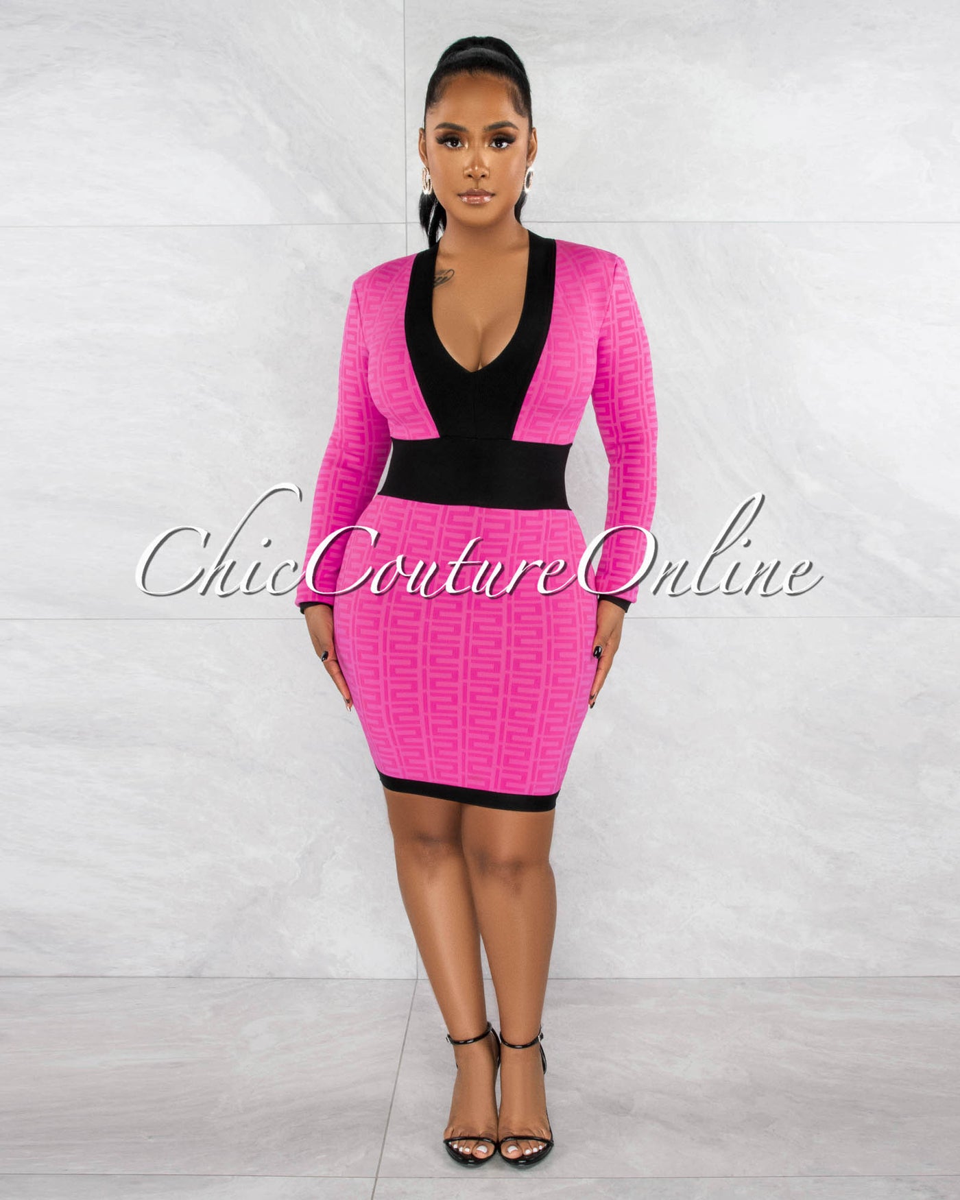 *Sheba Pink Black Fret Print Bandage Dress
