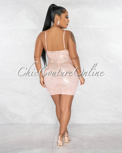 Jennika Light Pink Mesh Sheer Rhinestones Mini Dress