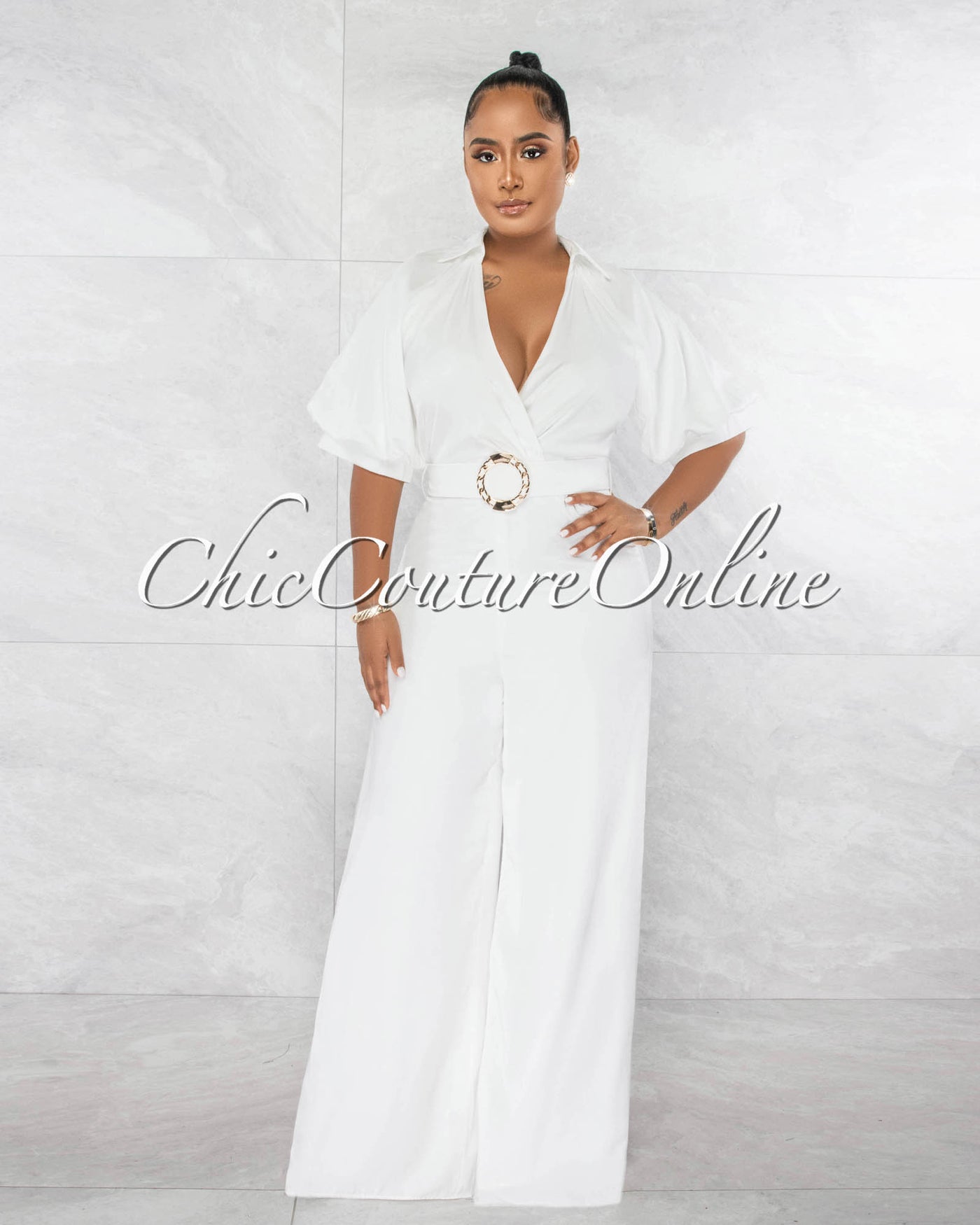 *Garcia Off-White Bubble Sleeves Gold Buckle Belt Silky Jumpsuit