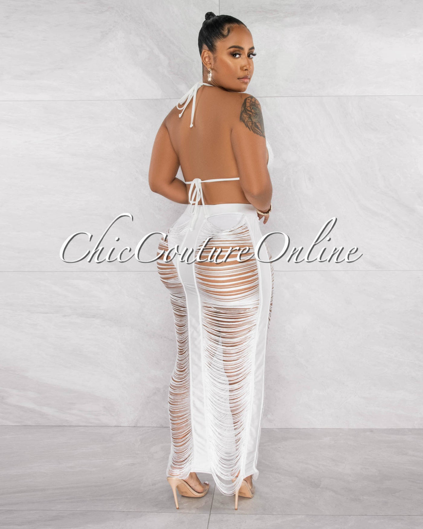 Ivania Off-White Fringe Cover-Up Maxi Skirt Set
