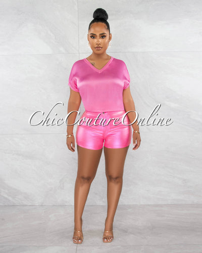 *Alvina Pink High Waist Metallic Denim Shorts