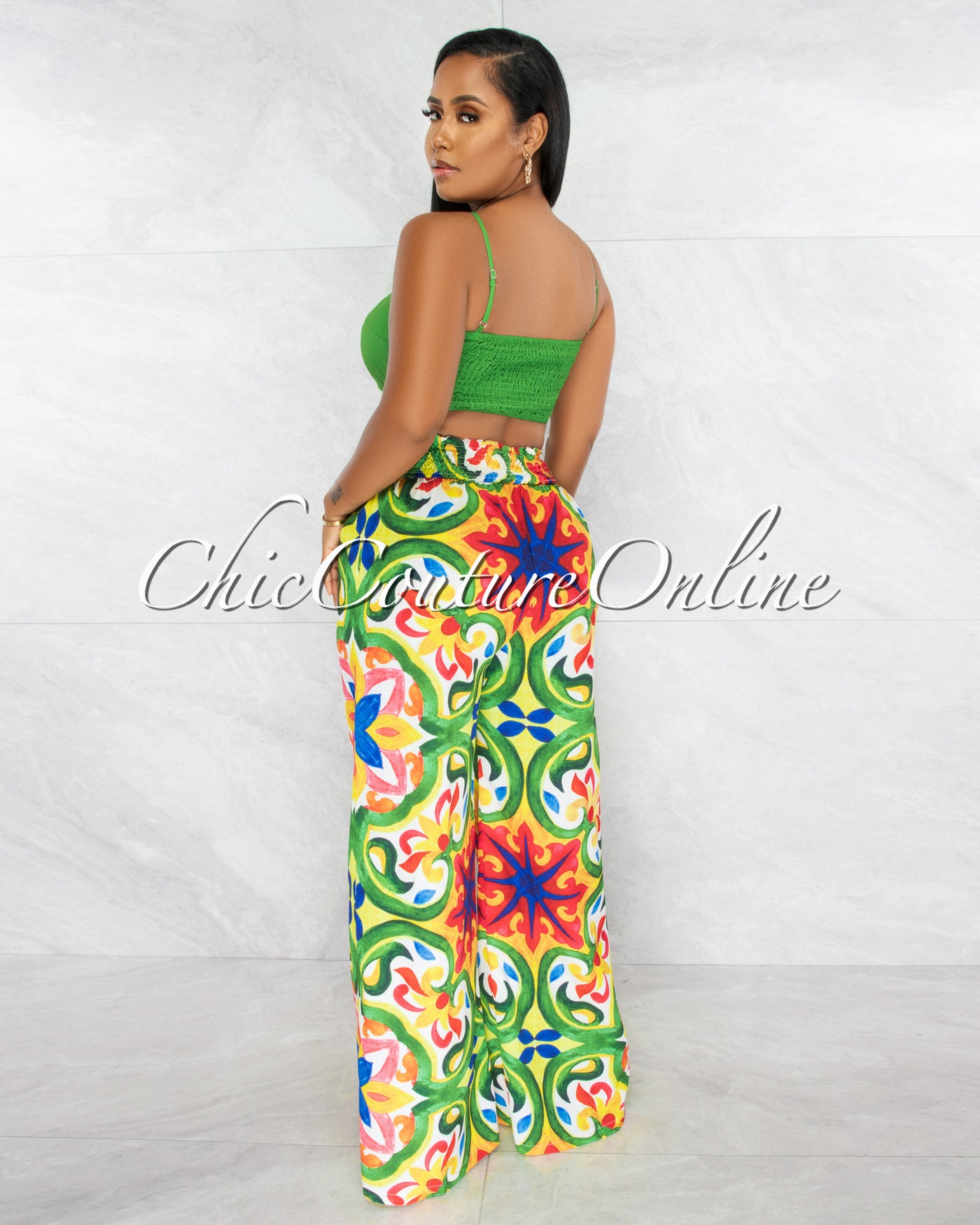 Alucia Green Silver "O" Ring Crop Top & Print Wide Pants Set