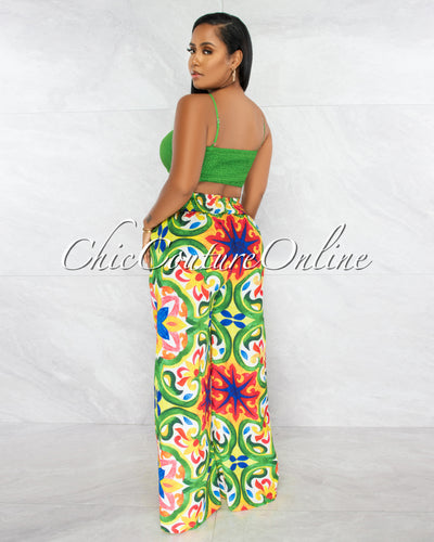 *Alucia Green Silver "O" Ring Crop Top & Print Wide Pants Set