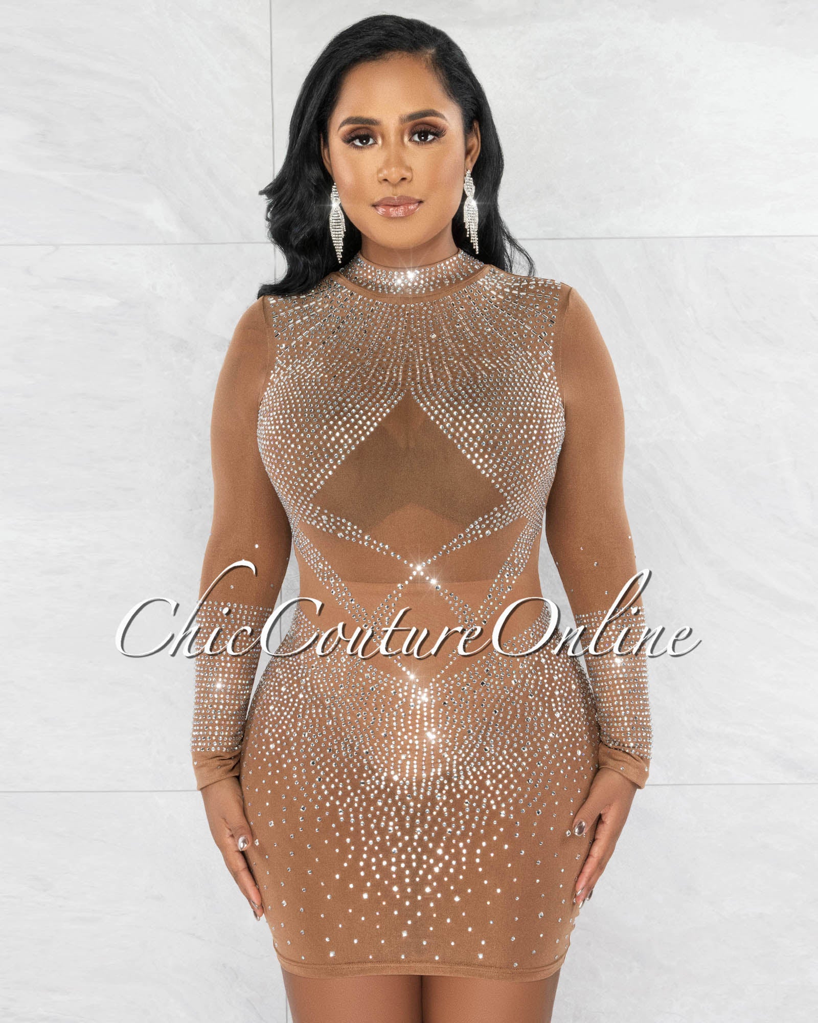 *Bernuda Nude Silver Rhinestones Mesh Mini Dress