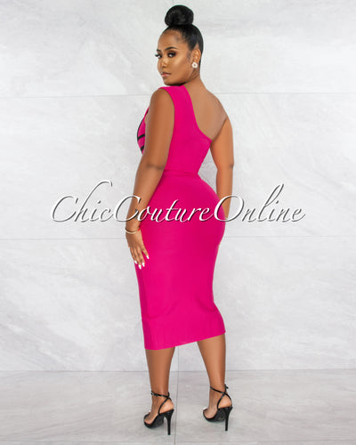 Morgany Fuchsia Black Stripes Bandage Midi Dress
