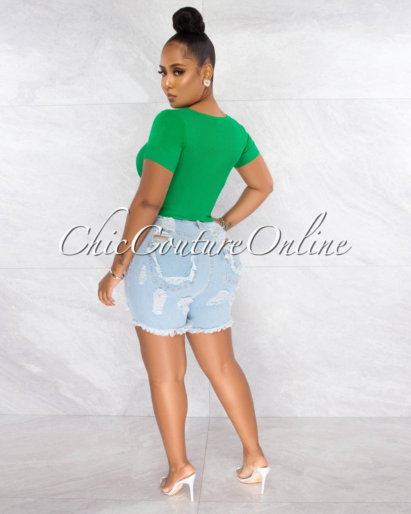 Malowa Green Rhinestones Lace-Up Ribbed Crop Top