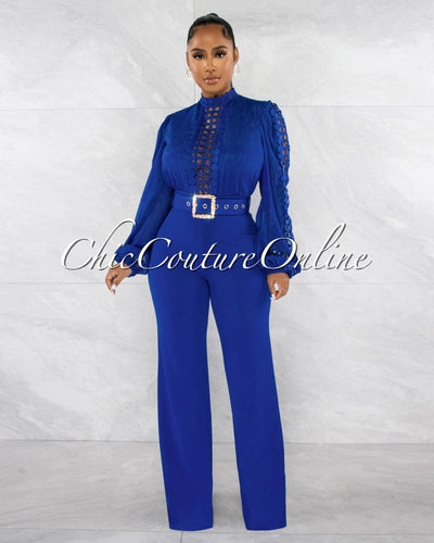 *Taima Blue Crochet Shimmer Top Gold Buckle Belt Jumpsuit