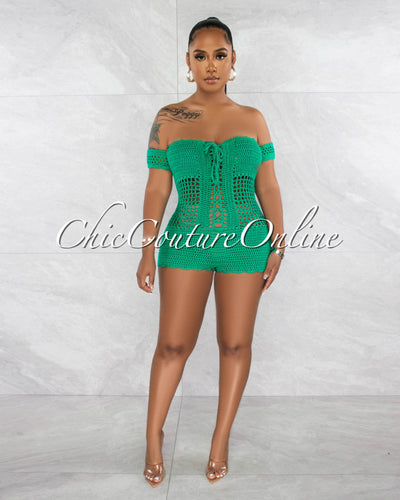 *Maddie Green See-Through Crochet Cover-Up Romper