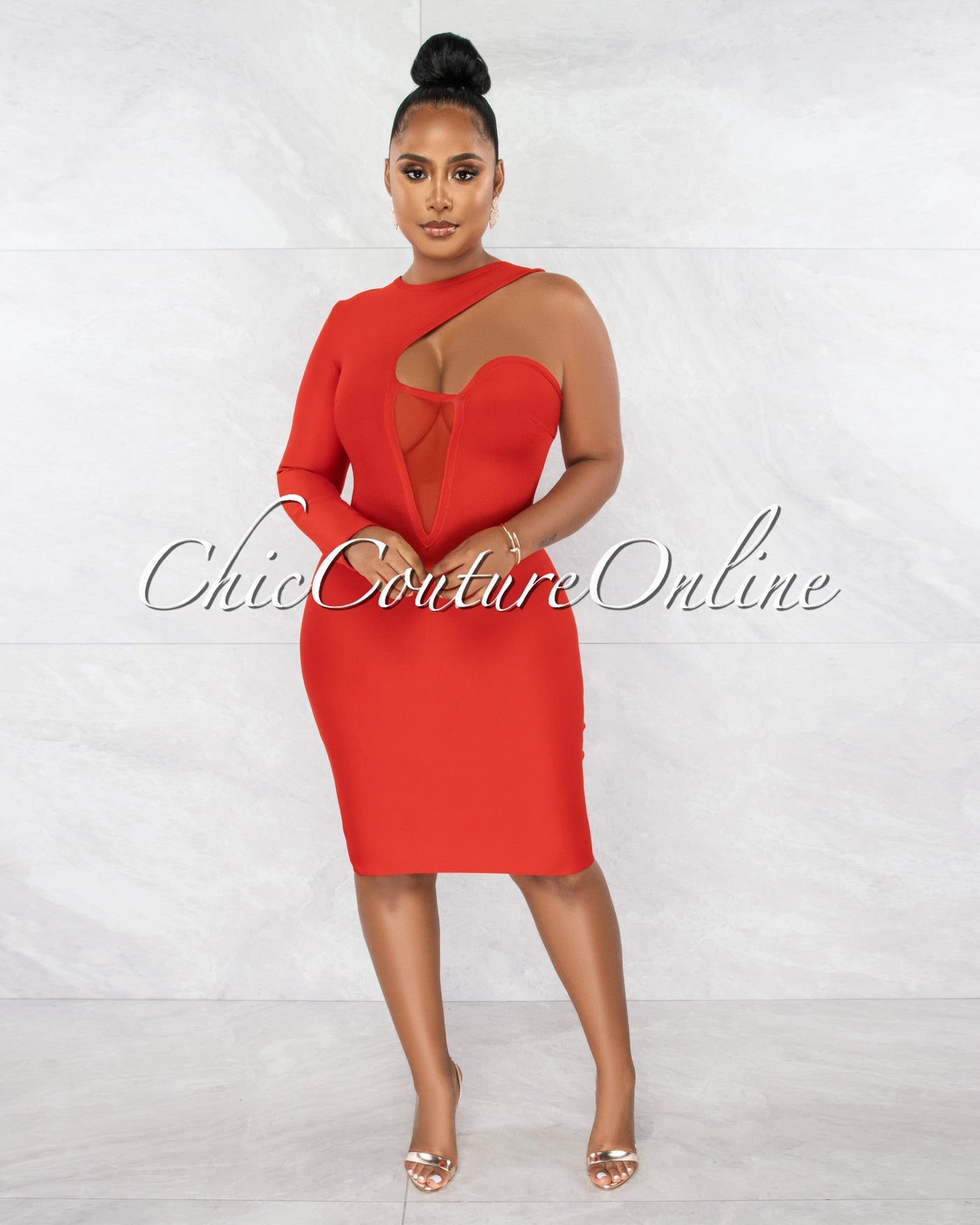 *Erica Red Single Shoulder Design Bandage Dress